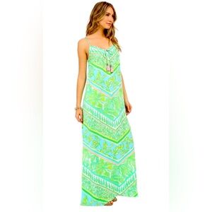 Lilly Pulitzer Philomenia Green Maxi Dress Pink Tassels, Large.  Worn once.